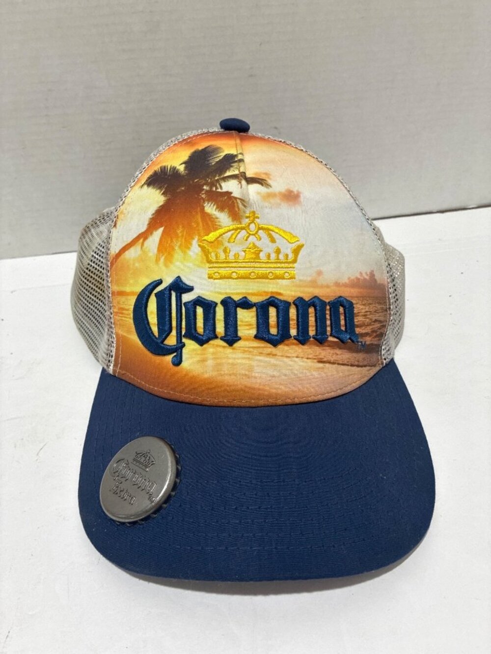 Corona Extra trucker hat sunset palm tree bottle opener built into the visor